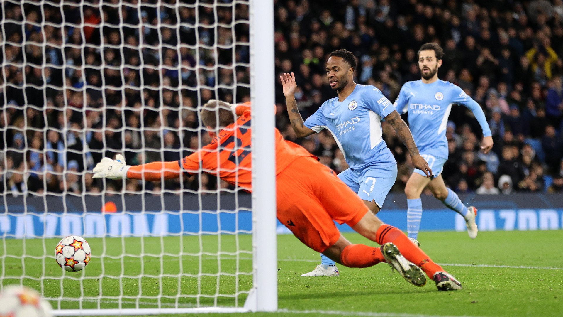 
                        THREE CHEERS: Raheem Sterling finds the target
                