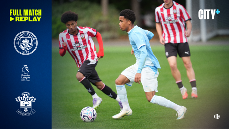 A football match between Manchester City and Southampton youth teams for the Premier League U18 Cup. Players are in action on the field. There is text on the left indicating a full match replay is available on CITY+.