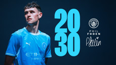 A football player in Manchester City attire with the number 2030 and Manchester City logo. Text includes Phil Foden and his signature.