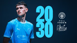 A football player in Manchester City attire with the number 2030 and Manchester City logo. Text includes Phil Foden and his signature.