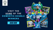 Promotional image for Manchester City's stadium tours featuring players celebrating wins and promoting the stadium's achievements.