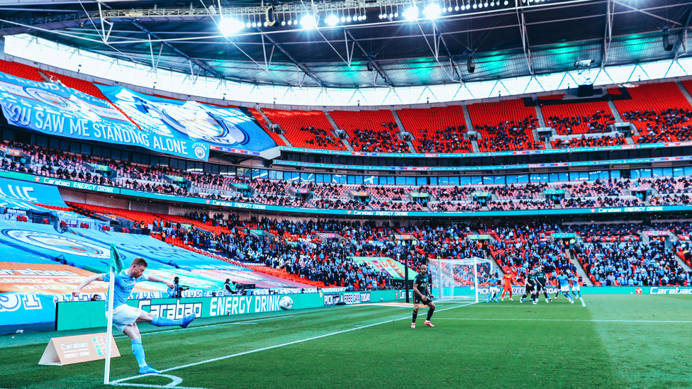 FOUR IN A ROW : Aymeric Laporte’s late header earns City a record-equalling fourth successive Carabao Cup, as Guardiola’s men play in front of 8,000 fans for the first time in more than a year, 25th April 2021.