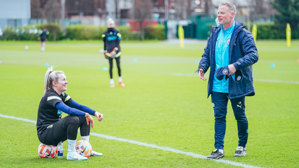 A MOMENT OF MAHON : Coach Alan Mahon shares a laugh with Lauren Hemp