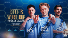 Three players in Manchester City esports jerseys, participating in Esports World Cup Rocket League Last Chance Qualifier, with names Accro, Ejby, and Seikoo in Paris, 2026.