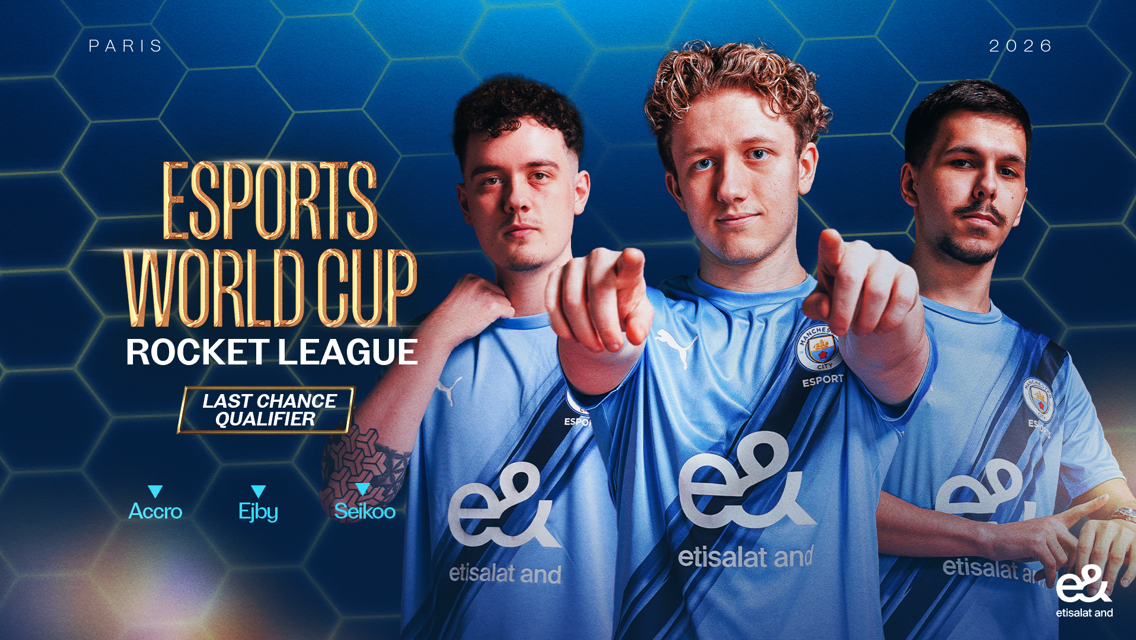 Three players in Manchester City esports jerseys, participating in Esports World Cup Rocket League Last Chance Qualifier, with names Accro, Ejby, and Seikoo in Paris, 2026.