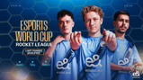 Three players in Manchester City esports jerseys, participating in Esports World Cup Rocket League Last Chance Qualifier, with names Accro, Ejby, and Seikoo in Paris, 2026.