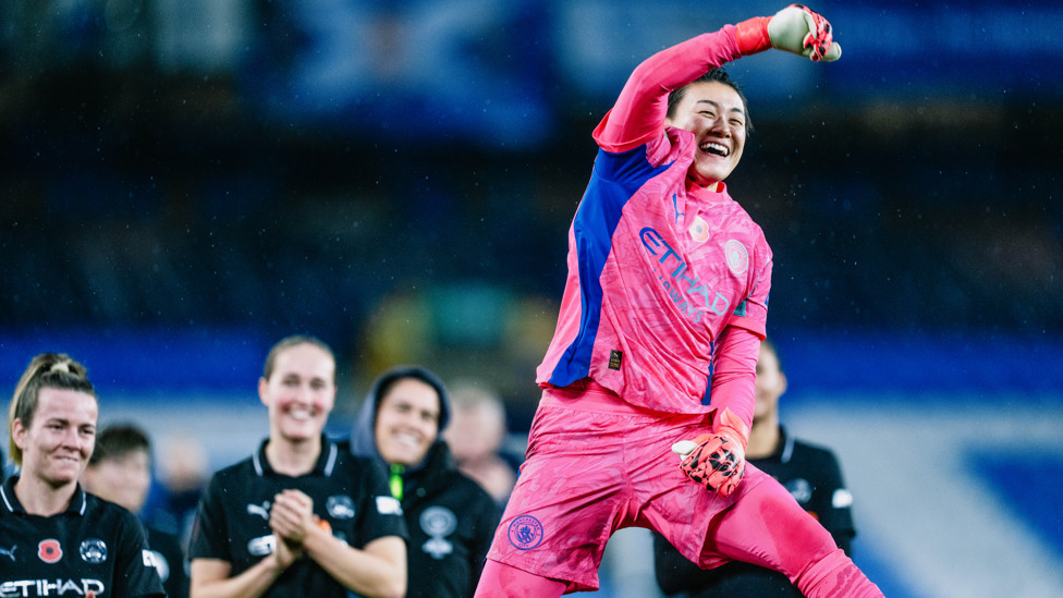 YES, YAMA  : Our goalkeeper leads the celebrations with the travelling fans. 