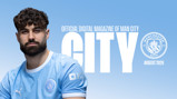 Manchester City's official digital magazine cover featuring a player in a light blue jersey, set against a gradient blue background with the text 'Official Digital Magazine of Man City' and 'August 2026'.
