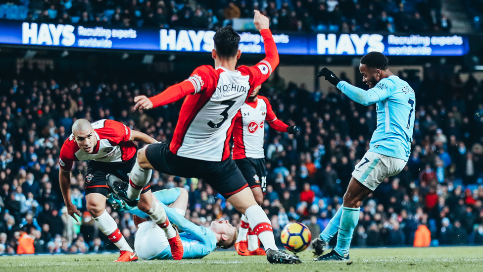 STOPPAGE TIME STRIKE : Sterling once again stepped up when it mattered in November 2017, curling home the winner against Southampton at the Etihad Stadium.