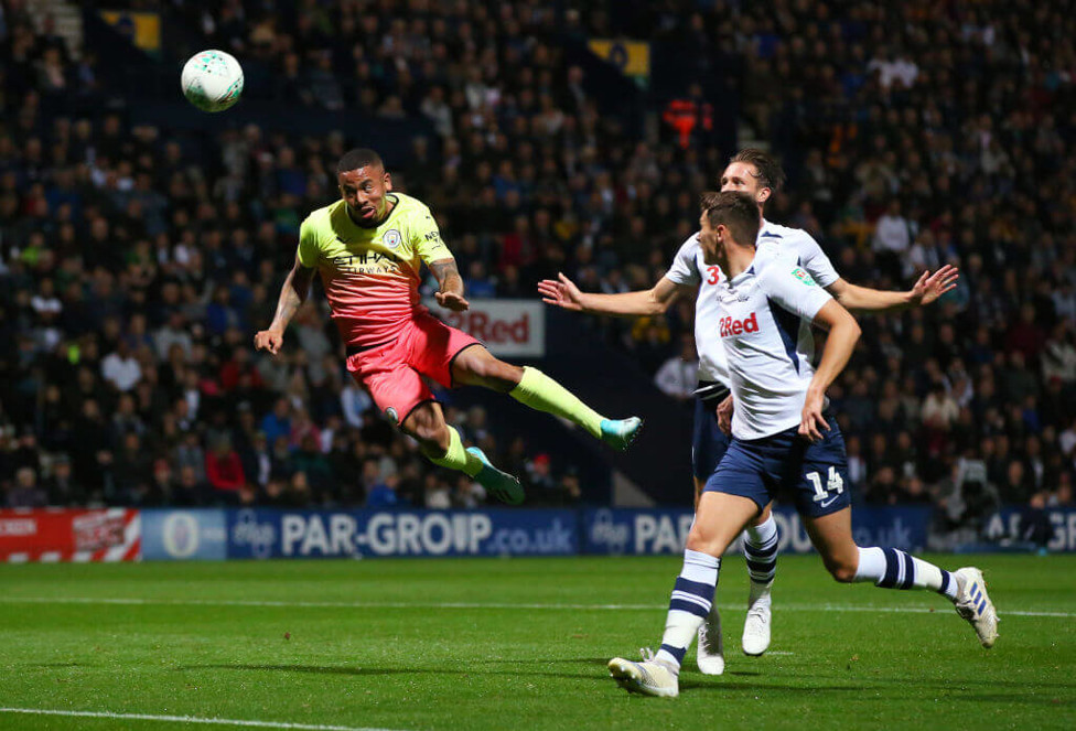 FLYING HIGH : Gabriel Jesus leaps to direct an effort towards goal