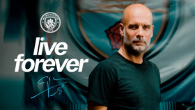 A Manchester City poster with the slogan 'live forever' and a blurred face. It features the Manchester City logo.