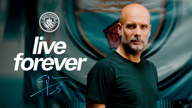 A Manchester City poster with the slogan 'live forever' and a blurred face. It features the Manchester City logo.