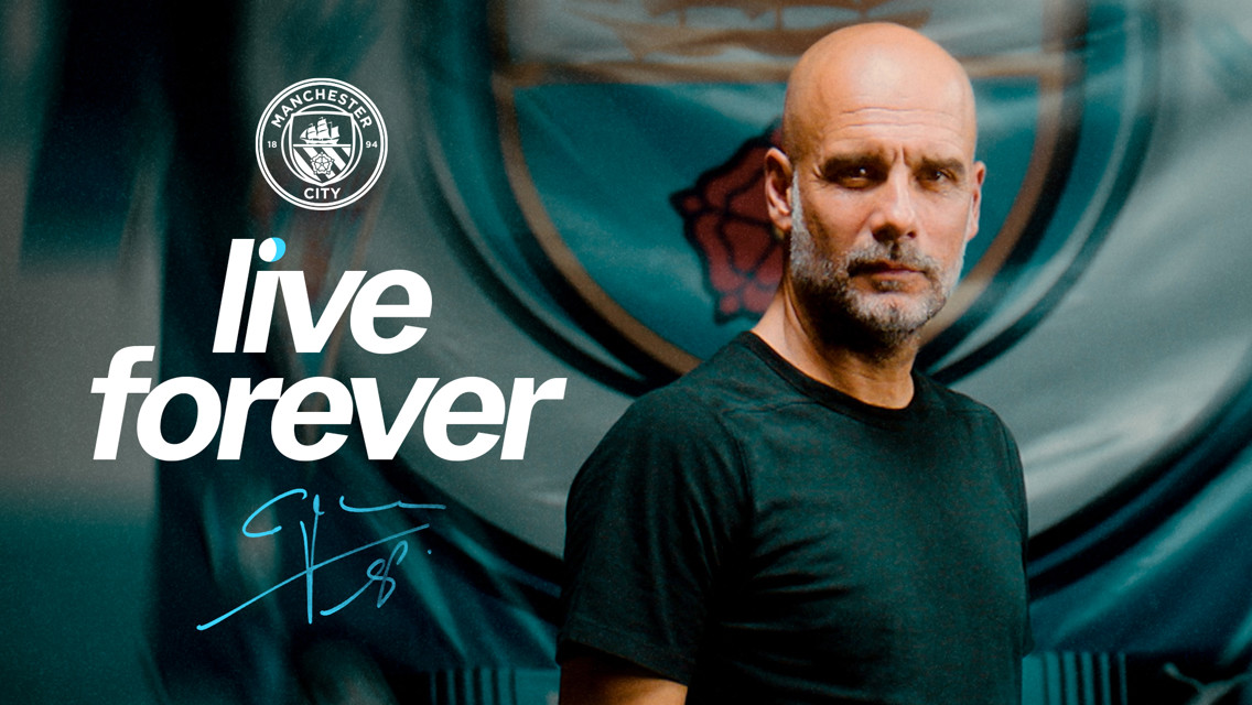 A Manchester City poster with the slogan 'live forever' and a blurred face. It features the Manchester City logo.