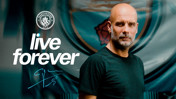 A Manchester City poster with the slogan 'live forever' and a blurred face. It features the Manchester City logo.