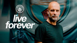 A Manchester City poster with the slogan 'live forever' and a blurred face. It features the Manchester City logo.