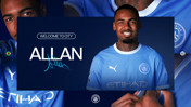 A graphic welcoming 'Allan' to Manchester City. The player is shown smiling in a Manchester City jersey with the text 'Welcome to City' and a signature below his name.