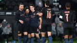 KYLE CONGRATULATIONS: The lads celebrate the opener with Kyle Walker