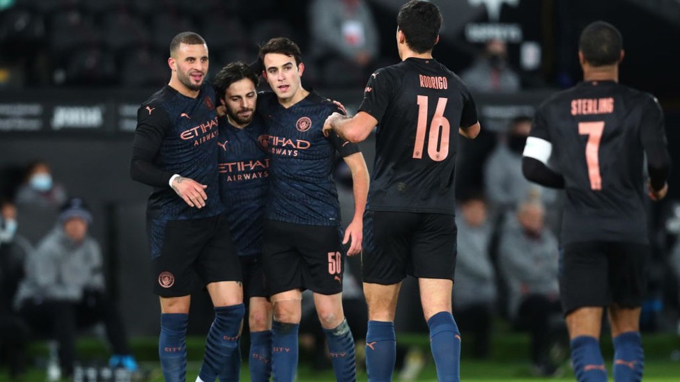 KYLE CONGRATULATIONS: The lads celebrate the opener with Kyle Walker