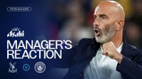 The image features a bald man with a beard reacting with a fist pump. Text includes 'Manager's Reaction' and the date 'Fri 28 Aug 2026', indicating a match between Crystal Palace and Manchester City.