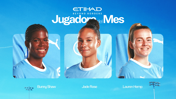 Image features three women in Manchester City football kits, designated as players of the month: Bunny Shaw, Jade Rose, and Lauren Hemp, with text 'Jugadora del Mes' and 'Etihad Beyond Borders'.