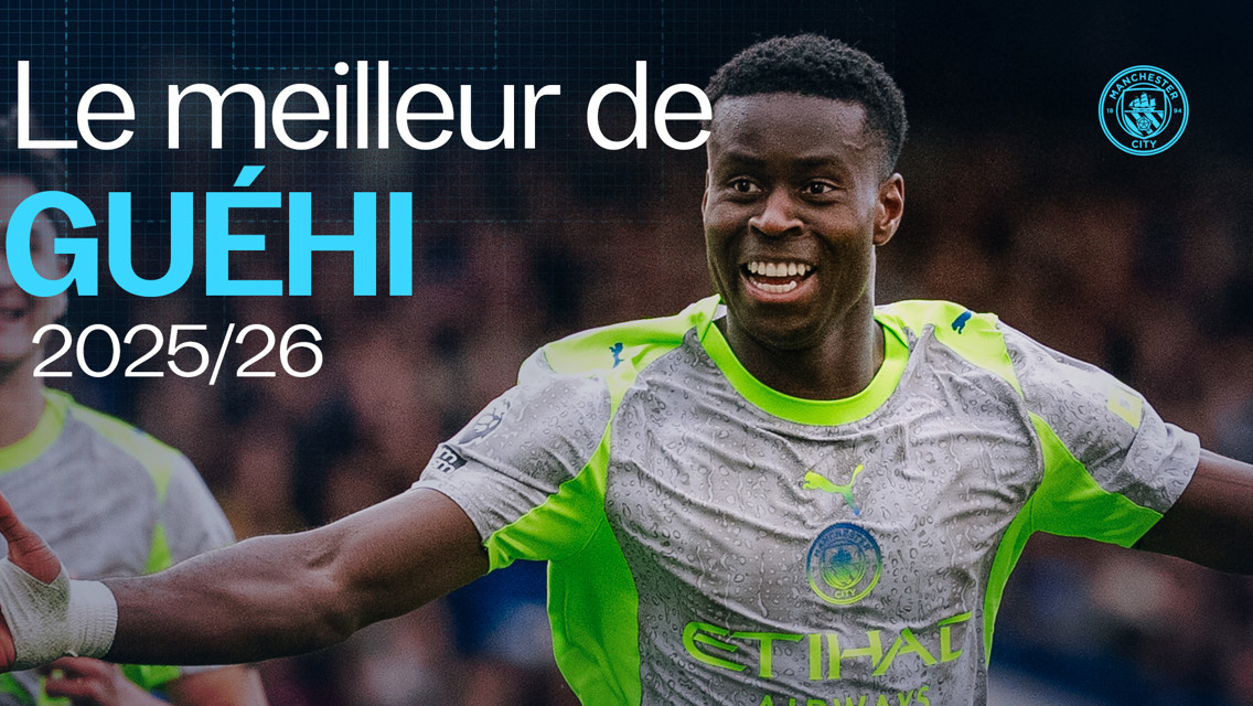 Blurred image of a soccer player in a Manchester City kit with text mentioning 'Le meilleur de Guéhi 2025/26'.