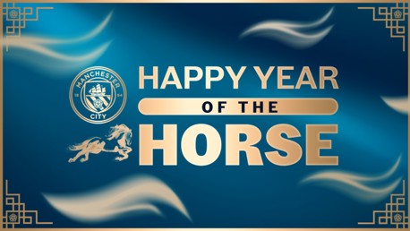 Blue and gold-themed image with Manchester City logo, text 'HAPPY YEAR OF THE HORSE' and stylized horse illustration, swirling white elements and decorative border.