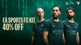 Image promoting EA SPORTS FC kit with Manchester City branding, offering a 40% discount. Includes Puma logo and Etihad Airways sponsorship.