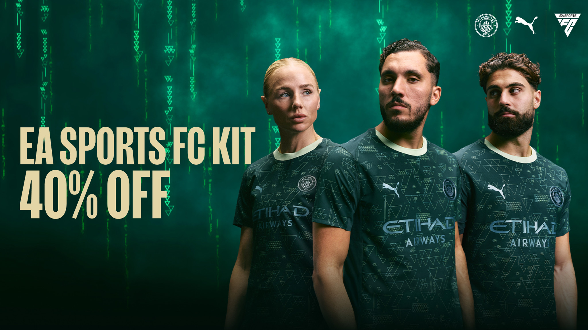 Image promoting EA SPORTS FC kit with Manchester City branding, offering a 40% discount. Includes Puma logo and Etihad Airways sponsorship.