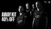 Manchester City away kit promotion offering 40% off. Features players in black Puma jerseys with Etihad Airways logo on a black background.