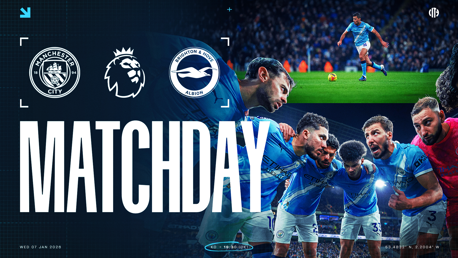 Premier League matchday poster for Manchester City vs Brighton & Hove Albion. Features logos, text, and blurred images of players.
