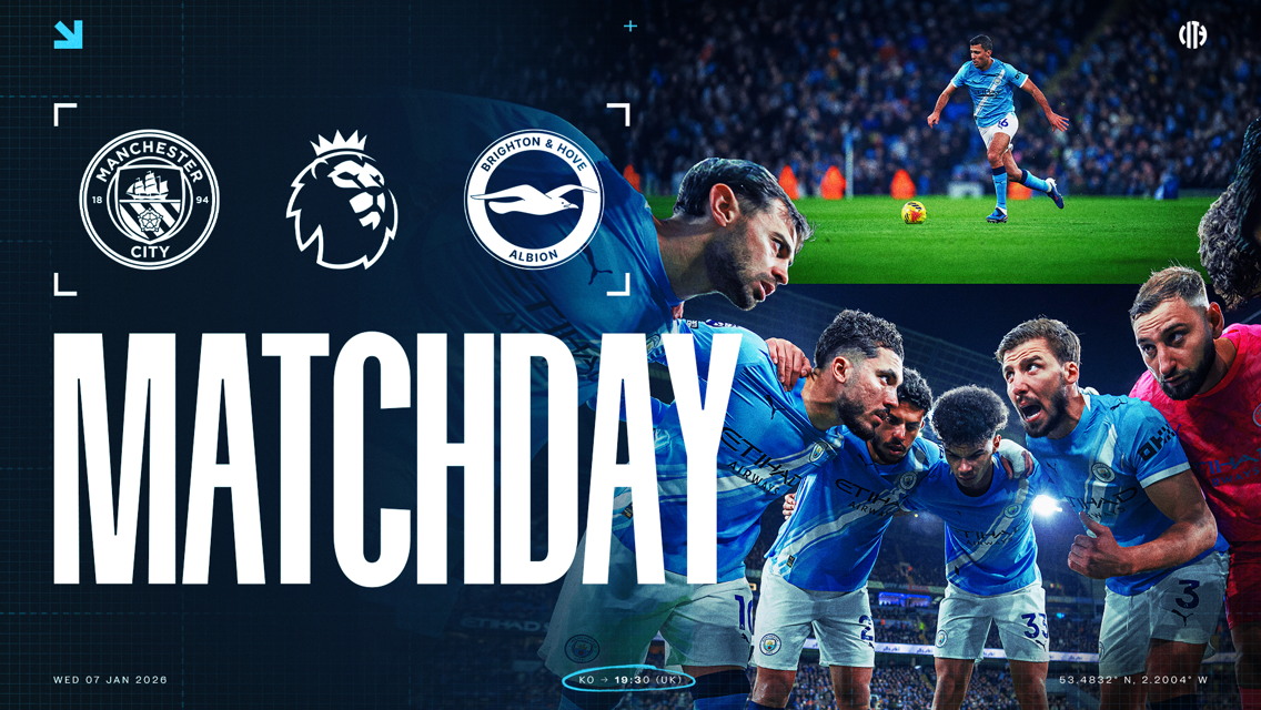 Premier League matchday poster for Manchester City vs Brighton & Hove Albion. Features logos, text, and blurred images of players.