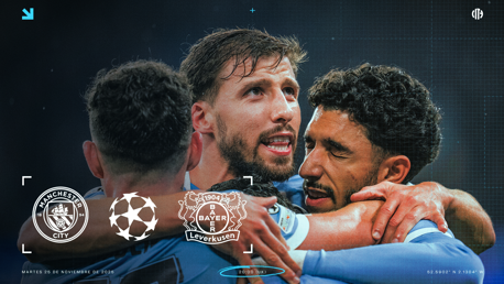 Blurry photo of Manchester City players celebrating with a match announcement against Bayer Leverkusen on 25 November 2025 at 20:00 UK time.