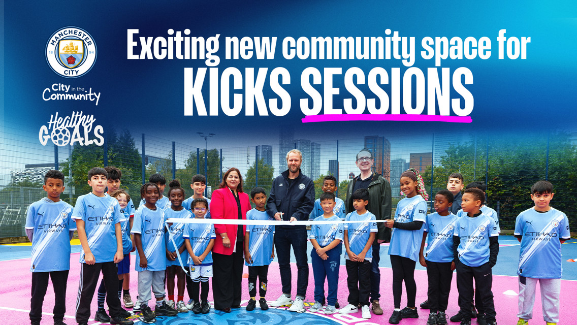 A group of young people and adults celebrate the opening of a new community space for Kicks sessions, with Manchester City branding visible.