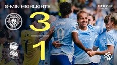 Graphic showing Manchester City Women's team celebrating with score 3-1 against Birmingham City. Includes logos and text indicating availability of 8-minute highlights.