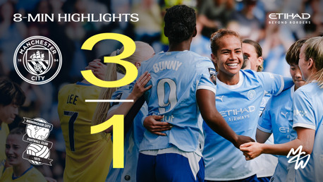 Graphic showing Manchester City Women's team celebrating with score 3-1 against Birmingham City. Includes logos and text indicating availability of 8-minute highlights.