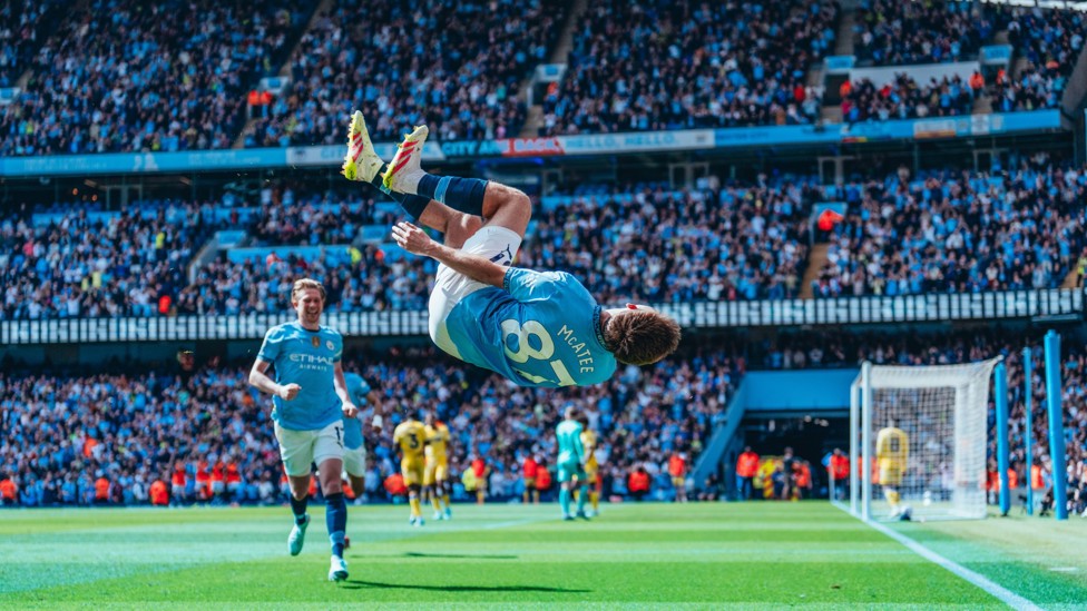 HEAD OVER HEELS : McAtee after his goal against Crystal Palace
