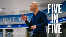 Man speaking energetically in front of locker room backdrop with motivational text. Large text on image reads 'FIVE IN FIVE' and 'The Enzo Era Begins'.