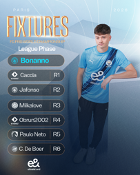 Poster for Paris FC Pro World Championship 2026 League Phase showing fixtures for a player named Bonanno, with rounds against Caccia, Jafonso, Milkalove, Obrun2002, Paulo Neto, and C. De Boer.