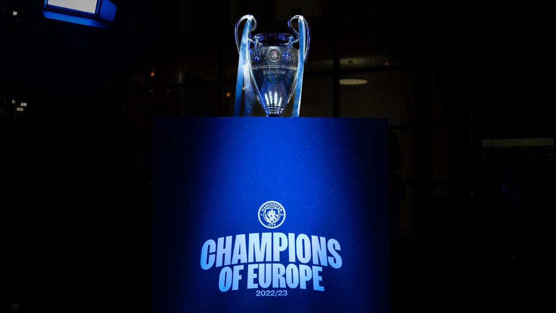 SPECIAL GUEST: Our Champions League trophy at the Etihad Stadium tonight.