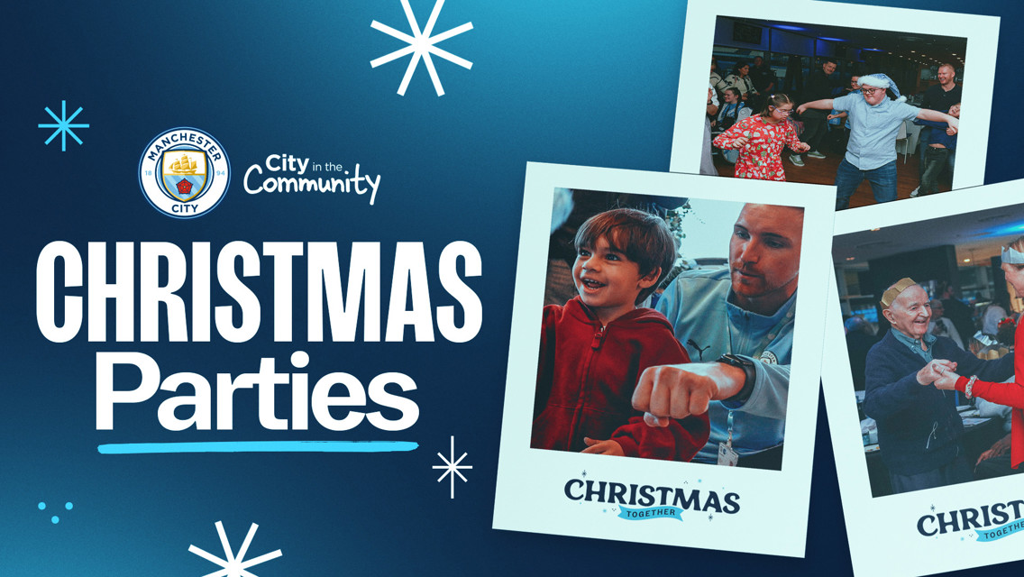 Manchester City promotional image for Christmas parties, featuring blurred photos of people celebrating.
