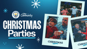 Manchester City promotional image for Christmas parties, featuring blurred photos of people celebrating.