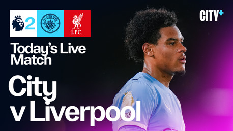 Live match advertisement between Manchester City and Liverpool with blurred player image, Premier League and club logos.