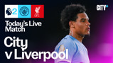 Live match advertisement between Manchester City and Liverpool with blurred player image, Premier League and club logos.