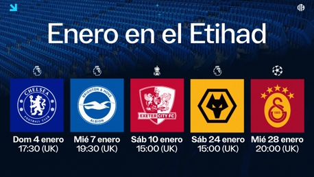 Image showing football matches scheduled at the Etihad Stadium in January. Teams featured include Chelsea, Brighton & Hove Albion, Exeter City, Wolves, and Galatasaray with dates and UK times.