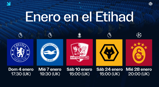 Image showing football matches scheduled at the Etihad Stadium in January. Teams featured include Chelsea, Brighton & Hove Albion, Exeter City, Wolves, and Galatasaray with dates and UK times.