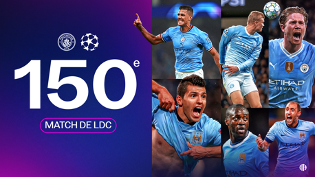 Celebration of Manchester City's 150th UEFA Champions League match with player images and club logos.
