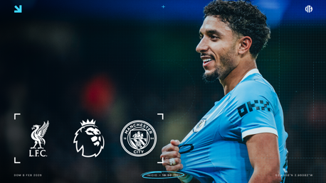 Graphic depicting a football match between Liverpool and Manchester City on 8 Feb 2026, featuring club logos and Premier League branding.