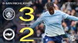 Manchester City defeated Brighton & Hove Albion 3-2. The image promotes 8-minute match highlights sponsored by Etihad Beyond Borders.