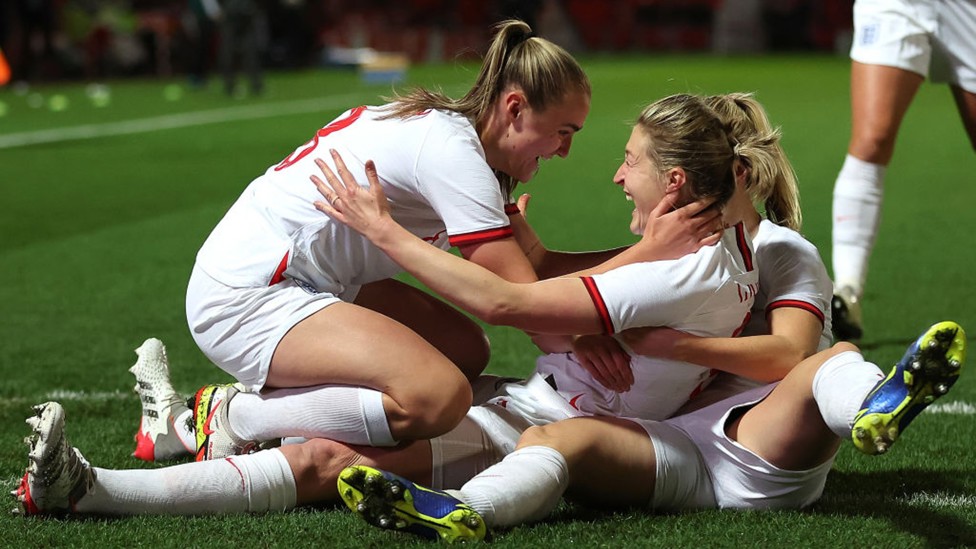 HISTORIC STRIKE : Ellen White celebrates with City teammate Georgia Stanway after becoming England's record goalscorer, 30 November 2021.
