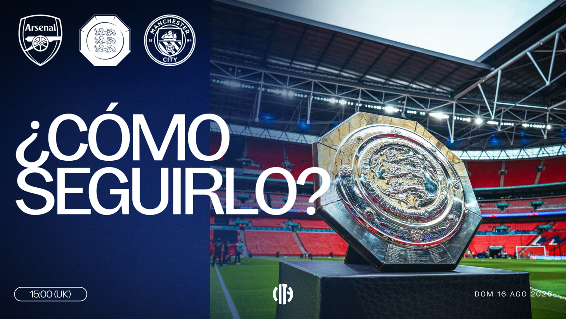 Promotional banner for Community Shield match featuring Arsenal and Manchester City logos with a focus on how to follow the event. Scheduled for Sunday, August 16, 2026, at 15:00 (UK).